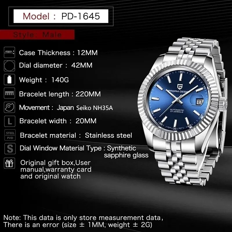 パガ-ニデザイン メンズ腕時計 日本製 SEIKO NH35 自動巻き ムーブメント ダイバーズ 機械式 ケース 付き 防水 セラミックベゼル ビジネス 仕事用 ドレスウォッチ ステンレススチール ベルト サファイアガラス 結婚式 パーティー 成人式 記念日 プレゼント PAGANI DESIGN PD-1645