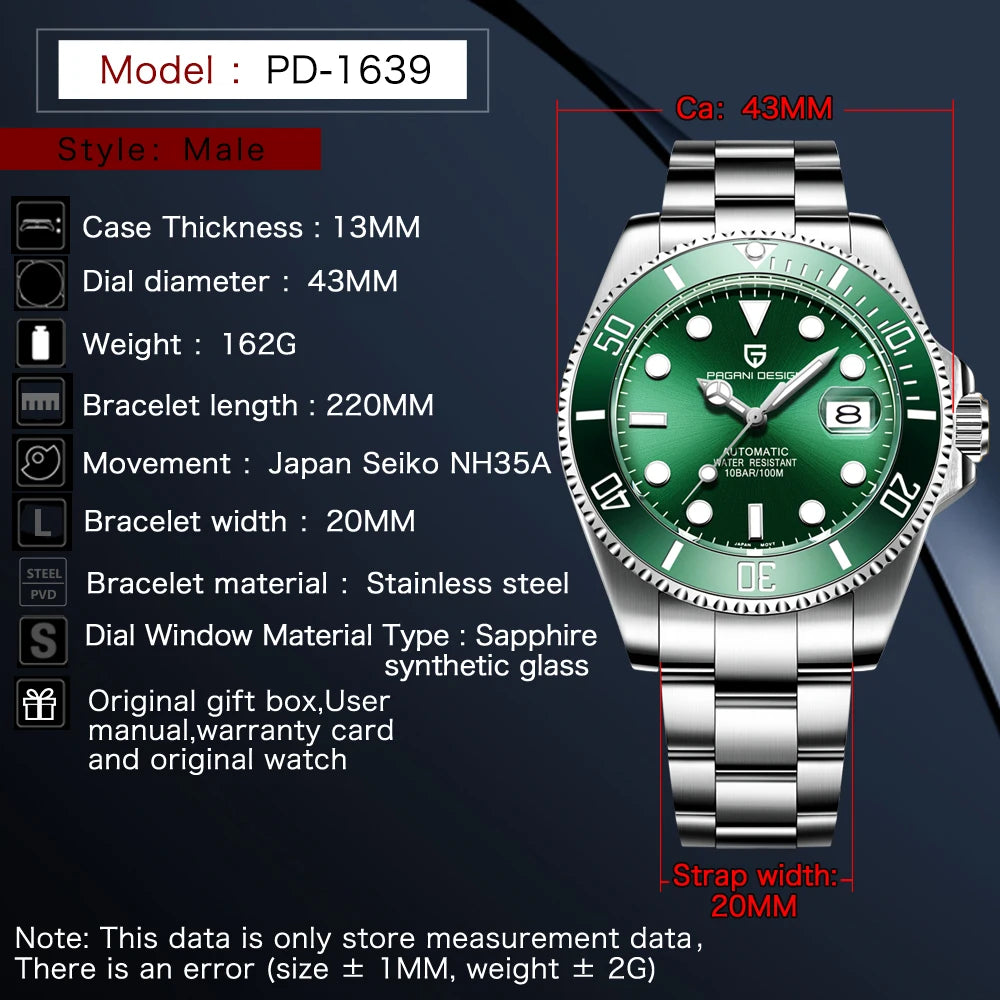 パガ-ニデザイン PD-1639 メンズ腕時計 日本製 SEIKO NH35自動巻きムーブメント サブマリーナー PAGANI DESIGN PD-1639