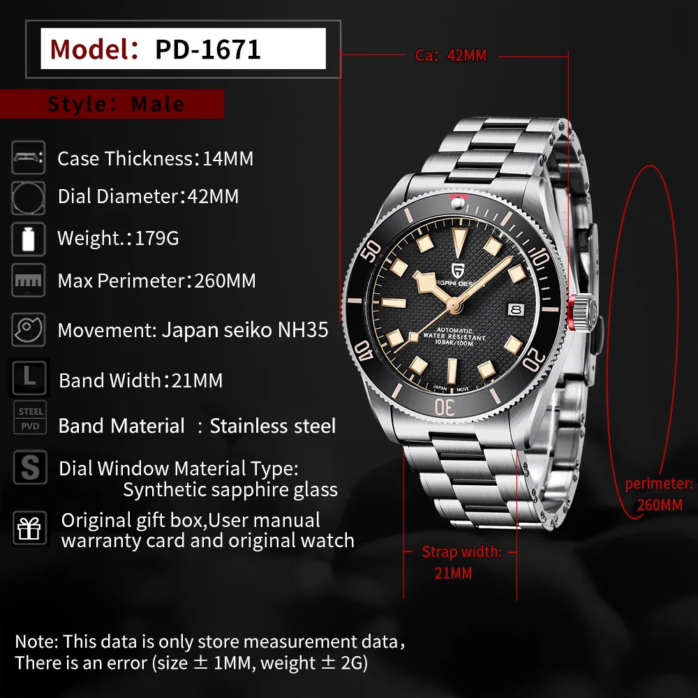 パガ-ニデザイン PD-1671 メンズ腕時計 日本製 SEIKO NH35自動巻きムーブメント ブラックベイ PAGANI DESIGN PD-1671