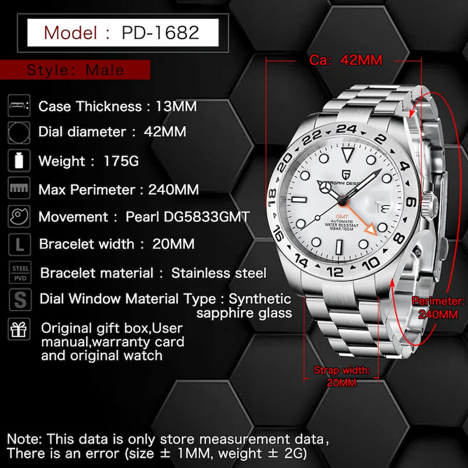パガ-ニデザイン メンズ腕時計 高性能 GMT ムーブメント エクスプローラー2 自動巻き 機械式 ケース 付き 防水 ビジネス 仕事用 ドレスウォッチ ステンレススチール ラバー ベルト サファイアガラス 結婚式 パーティー 成人式 記念日 プレゼント PAGANI DESIGN PD-1682
