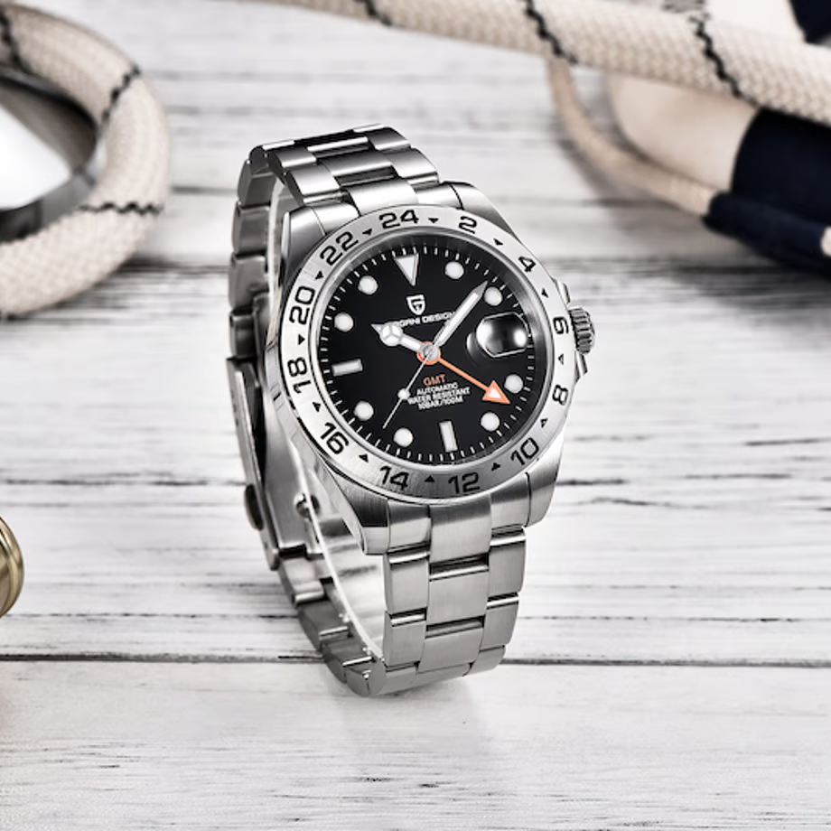パガ-ニデザイン メンズ腕時計 高性能 GMT ムーブメント エクスプローラー2 自動巻き 機械式 ケース 付き 防水 ビジネス 仕事用 ドレスウォッチ ステンレススチール ラバー ベルト サファイアガラス 結婚式 パーティー 成人式 記念日 プレゼント PAGANI DESIGN PD-1682