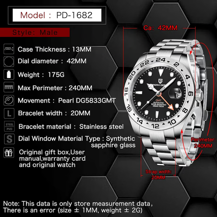 パガ-ニデザイン メンズ腕時計 高性能 GMT ムーブメント エクスプローラー2 自動巻き 機械式 ケース 付き 防水 ビジネス 仕事用 ドレスウォッチ ステンレススチール ラバー ベルト サファイアガラス 結婚式 パーティー 成人式 記念日 プレゼント PAGANI DESIGN PD-1682