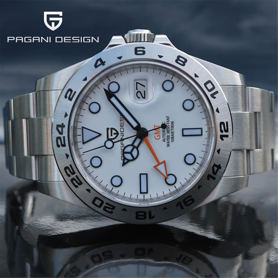 パガ-ニデザイン メンズ腕時計 高性能 GMT ムーブメント エクスプローラー2 自動巻き 機械式 ケース 付き 防水 ビジネス 仕事用 ドレスウォッチ ステンレススチール ラバー ベルト サファイアガラス 結婚式 パーティー 成人式 記念日 プレゼント PAGANI DESIGN PD-1682
