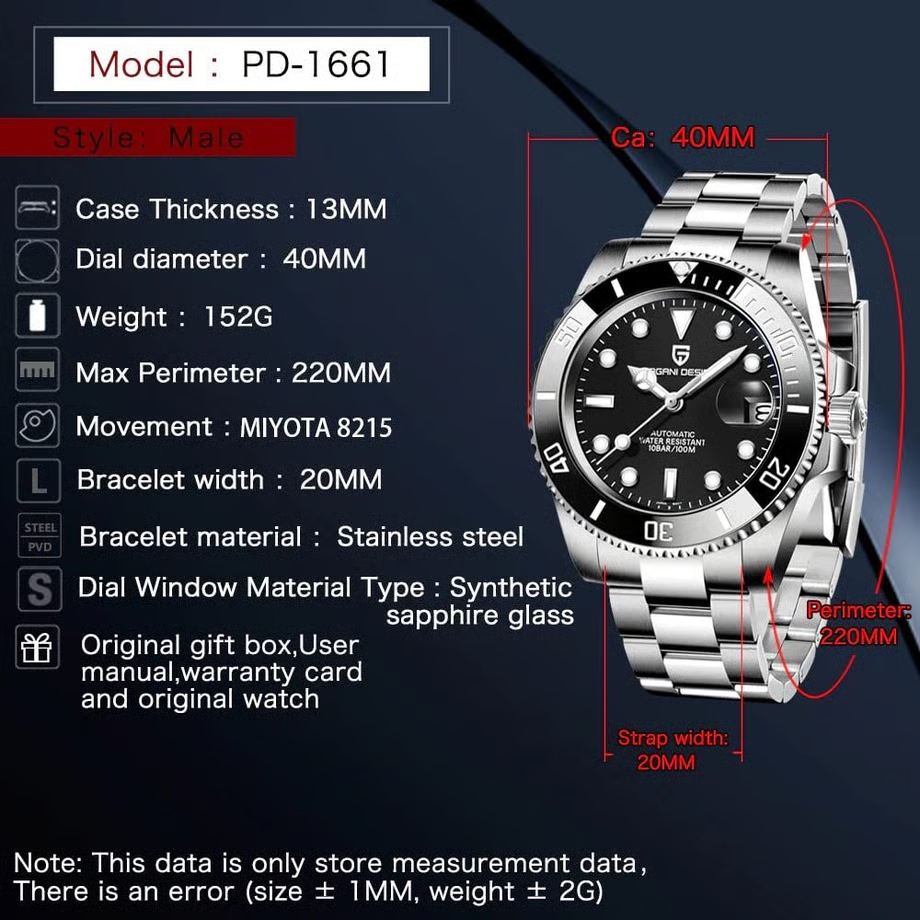パガ-ニデザイン メンズ腕時計 日本製 SEIKO NH35 ムーブメント サブマリーナー ダイバーズ 自動巻き 機械式 ケース 付き 防水 セラミックベゼル ビジネス 仕事用 ドレスウォッチ ステンレススチール ベルト サファイアガラス PAGANI DESIGN PD-1661