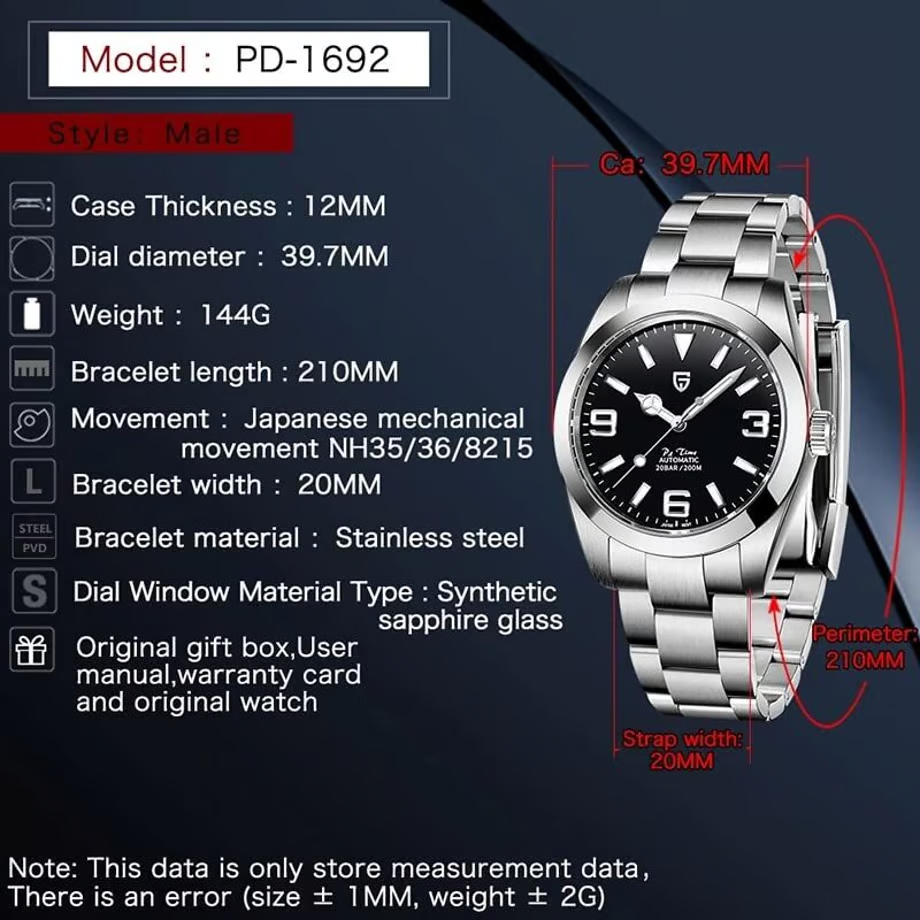 パガ-ニデザイン メンズ腕時計 日本製SEIKO NH35 ムーブメント エアキング 自動巻き 機械式 ケース 付き 防水 ビジネス 仕事用 ドレスウォッチ ステンレススチール ラバー ベルト サファイアガラス 結婚式 パーティー 成人式 記念日 プレゼント PAGANI DESIGN PD-1692