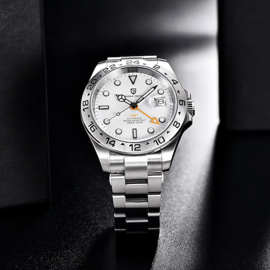 パガ-ニデザイン メンズ腕時計 高性能 GMT ムーブメント エクスプローラー2 自動巻き 機械式 ケース 付き 防水 ビジネス 仕事用 ドレスウォッチ ステンレススチール ラバー ベルト サファイアガラス 結婚式 パーティー 成人式 記念日 プレゼント PAGANI DESIGN PD-1682