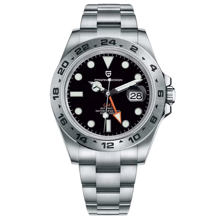 パガ-ニデザイン メンズ腕時計 高性能 GMT ムーブメント エクスプローラー2 自動巻き 機械式 ケース 付き 防水 ビジネス 仕事用 ドレスウォッチ ステンレススチール ラバー ベルト サファイアガラス 結婚式 パーティー 成人式 記念日 プレゼント PAGANI DESIGN PD-1682