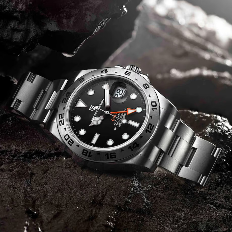 パガ-ニデザイン メンズ腕時計 高性能 GMT ムーブメント エクスプローラー2 自動巻き 機械式 ケース 付き 防水 ビジネス 仕事用 ドレスウォッチ ステンレススチール ラバー ベルト サファイアガラス 結婚式 パーティー 成人式 記念日 プレゼント PAGANI DESIGN PD-1682