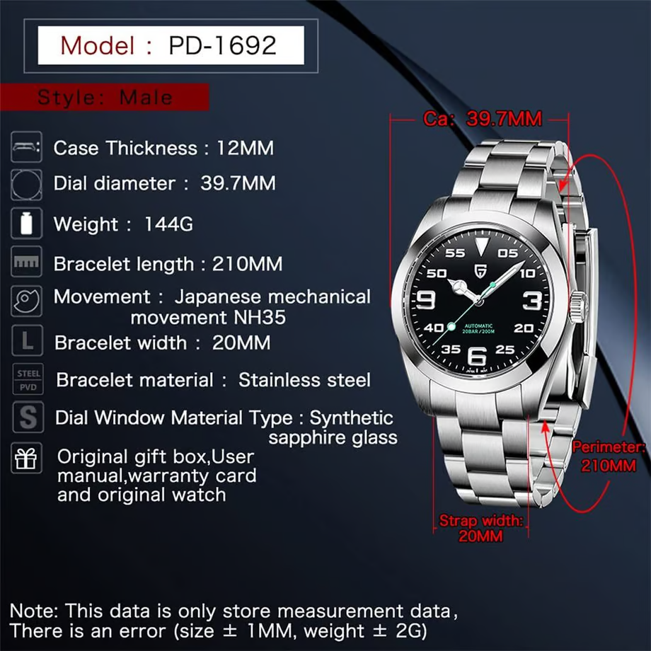 パガ-ニデザイン メンズ腕時計 日本製SEIKO NH35 ムーブメント エアキング 自動巻き 機械式 ケース 付き 防水 ビジネス 仕事用 ドレスウォッチ ステンレススチール ラバー ベルト サファイアガラス 結婚式 パーティー 成人式 記念日 プレゼント PAGANI DESIGN PD-1692