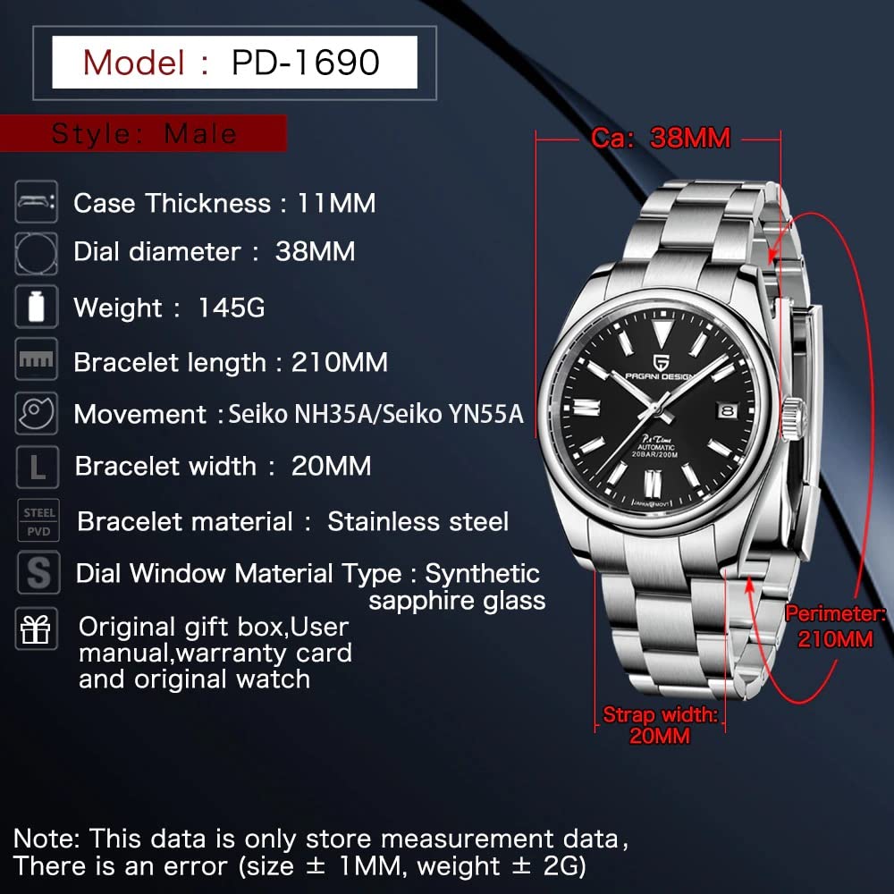 パガ-ニデザイン メンズ腕時計 日本製 SEIKO 自動巻き ムーブメント オイスターパーペチュアル ケース 付き 防水 セラミック ベゼル ビジネス 仕事用 ドレスウォッチ ステンレススチール ベルト サファイアガラス PAGANI DESIGN PD-1690