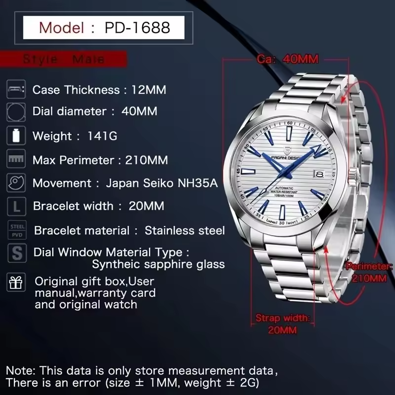 パガ-ニデザイン PD-1688 メンズ腕時計 日本製 SEIKO NH35自動巻きムーブメント アクアテラ PAGANI DESIGN PD-1688