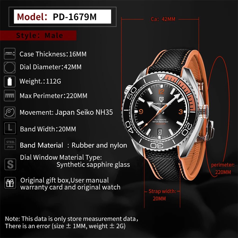 パガ－ニデザイン PD-1679 メンズ腕時計 日本製 SEIKO NH35 自動巻きムーブメント シーマスター PAGANI DESIGN PD-1679