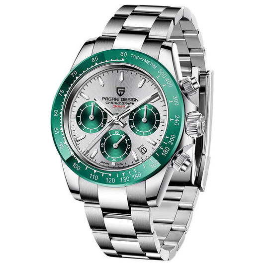 パガーニデザイン メンズ腕時計 日本製SEIKOクォーツムーブメント デイトナ クロノグラフ ケース 付き 防水 セラミックベゼル ビジネス 仕事用 ドレスウォッチ ステンレススチール ベルト サファイアガラス PAGANI DESIGN PD-1644 グリーン