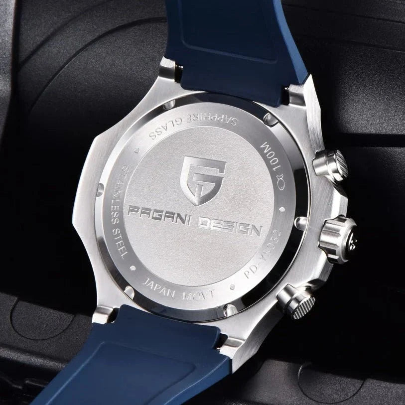 パガーニデザイン PD-YS032 ブルー 裏ぶた（JAPAN MOVT 刻印）とラバーストラップ